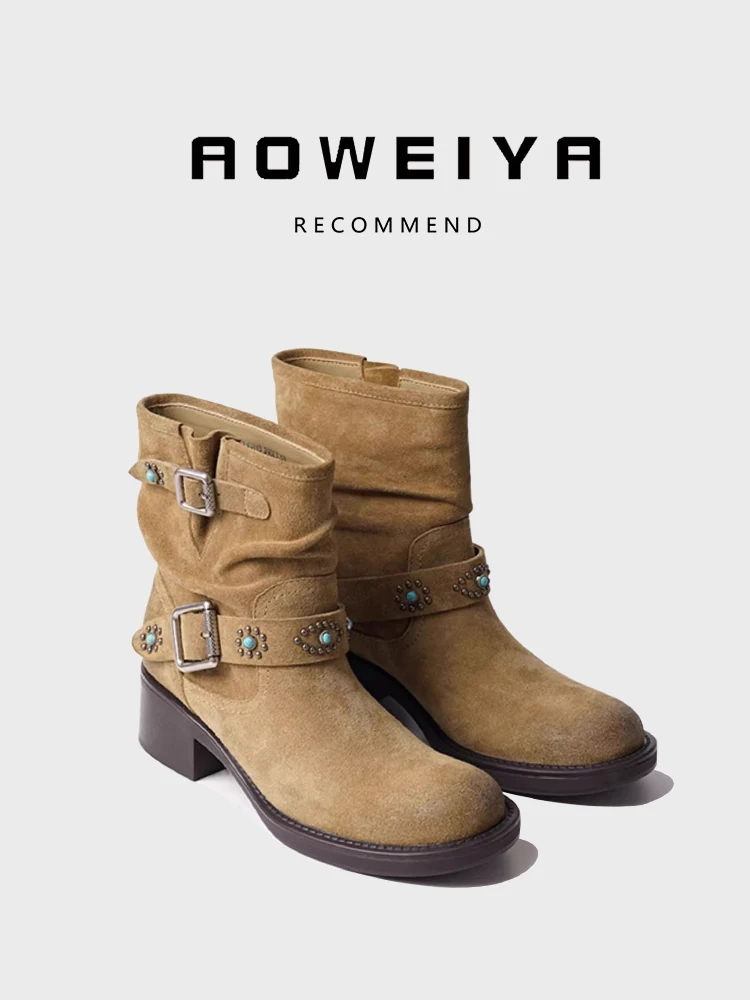 

Женские ботинки с поясом Bule Thi Bot National Sle, кожаная версия, осенние новые ботинки в стиле вестерн в стиле ретро на высоком каблуке