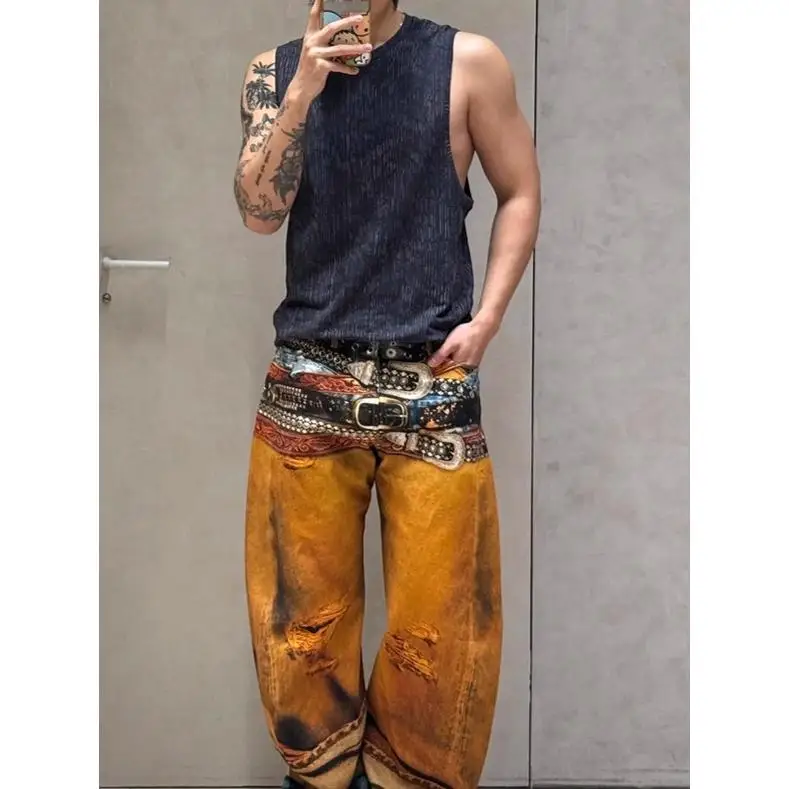 

American High Street Trendy Brand Men's Loose Straight Casual Pants Yellow Digital Printing Belt Hole Effect Jeans Casual orts