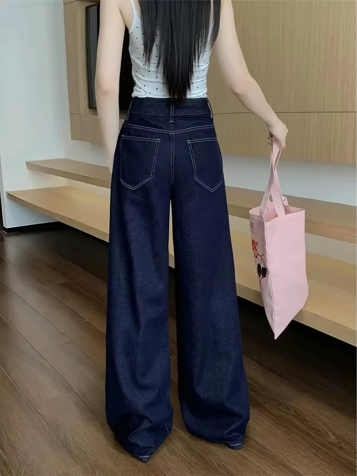 Deep Blue Wide Leg Casual Pants Women's Spring Autumn Loose Slimming Student Loose Long Pants High Waist Denim Casual Trousers