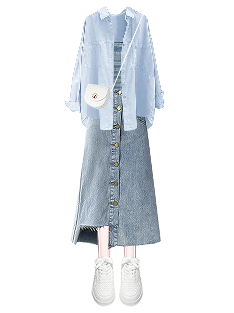 Summer 2025 Women's Faion Sun Protection irt High Waist Asymmetrical Denim Skirt Tee Piece Set Long Sve  Collar ...