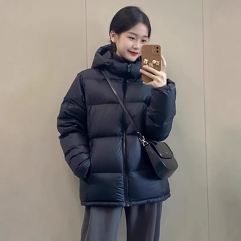 Winter Thick Warm Down Jackets Hooded Stand Up Collar Zipper Long Sleeve Unisex Black Coats Casual Loose Cotton-padded Clothes