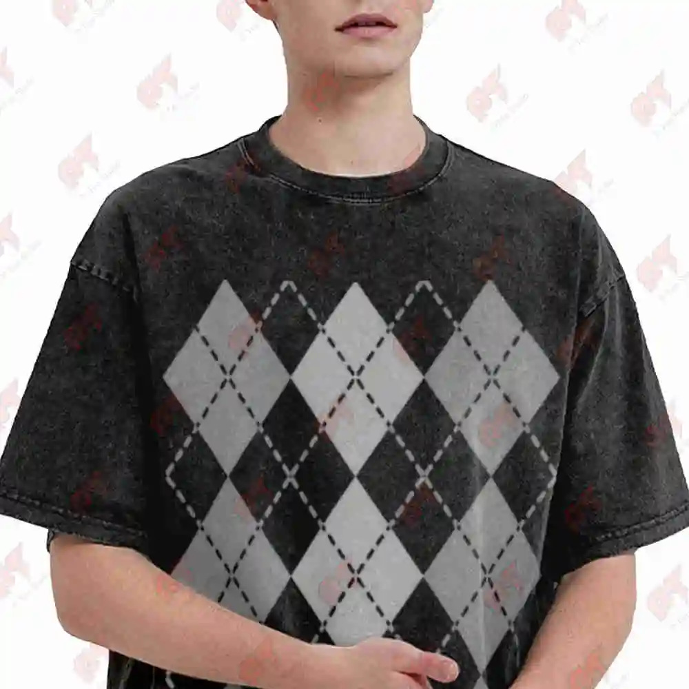 Preppy Argyle Faux Sweater Checkered Vintage Washed Tee Pure Cotton T-Shirt