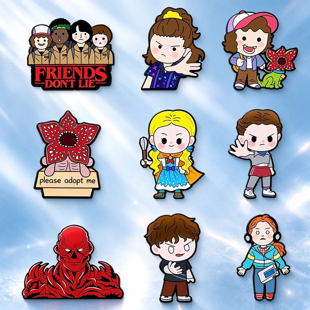 9Pcs Retro Horror Cartoon Character Enamel Pin Set Demogorgon Themed Cute Movie Lapel Brooch Metal Badges Gift for Friends