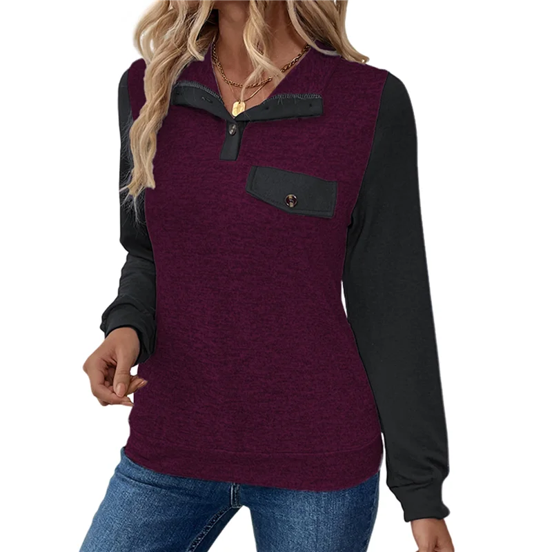 

AOAO-Women's Casual Pullover Color Block Long Sleeve Button Lapel Collar Loose Patchwork Blouse Y2K Streetwear