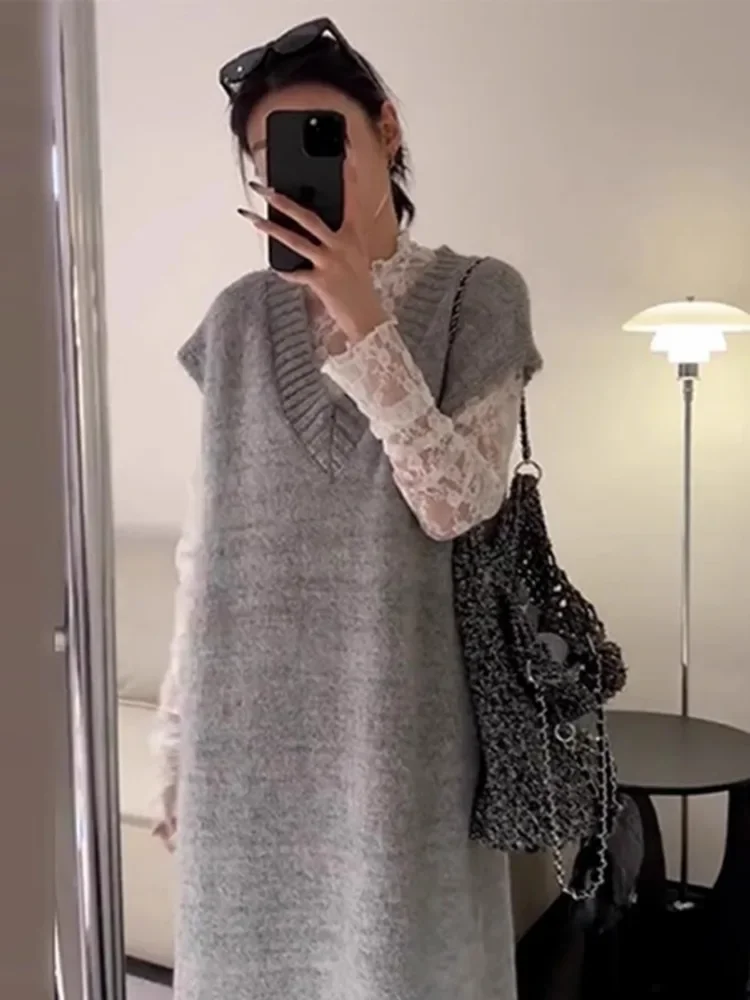 Korejepo Gray Sweater Knitted Vest Dress Women 2024 New Early Autumn Long Dress Korean Atmosphere Small Wear Simplicity Vestido