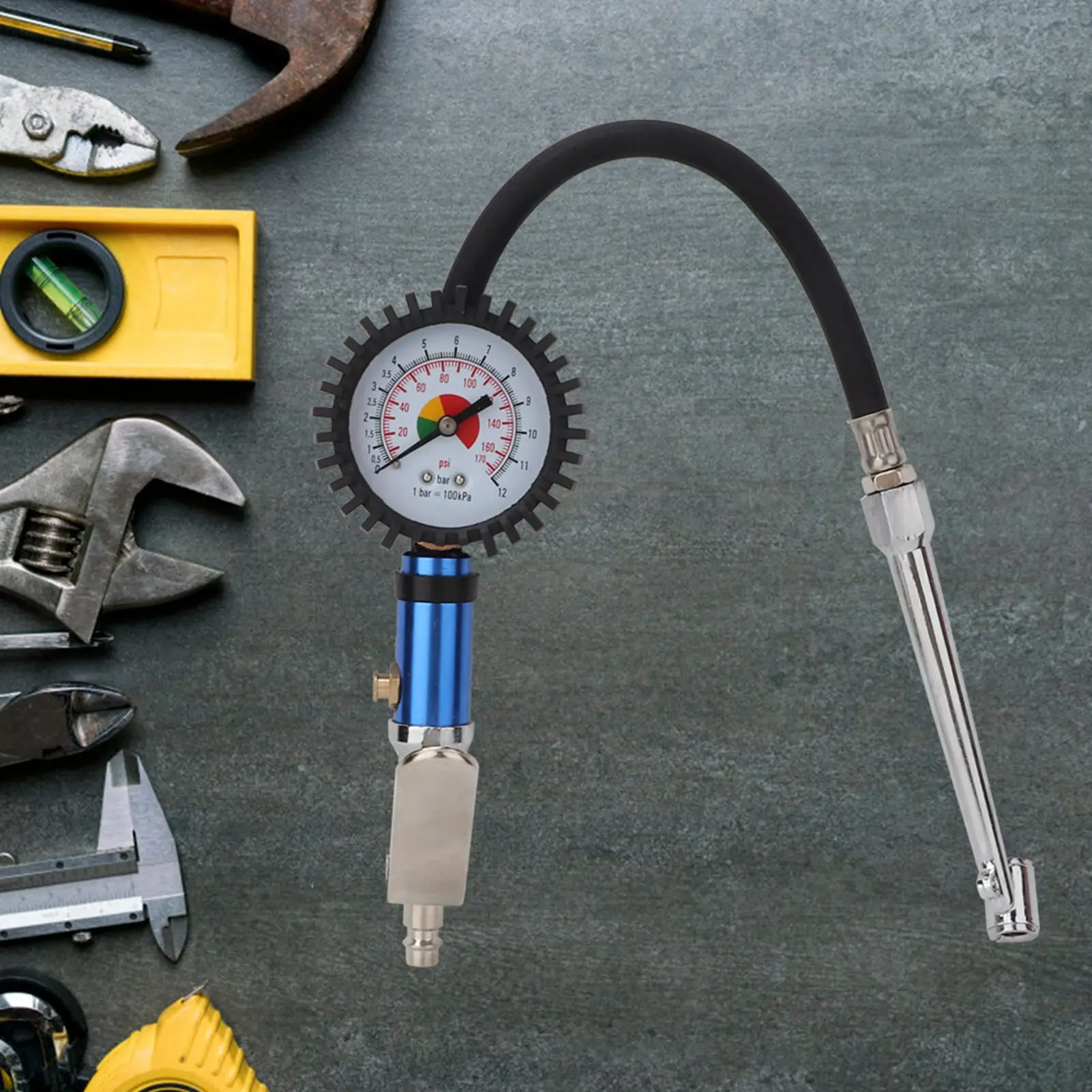 12 Bar Self clamping Tire Inflator with Air Pressure Gauge and Quick Air Connector