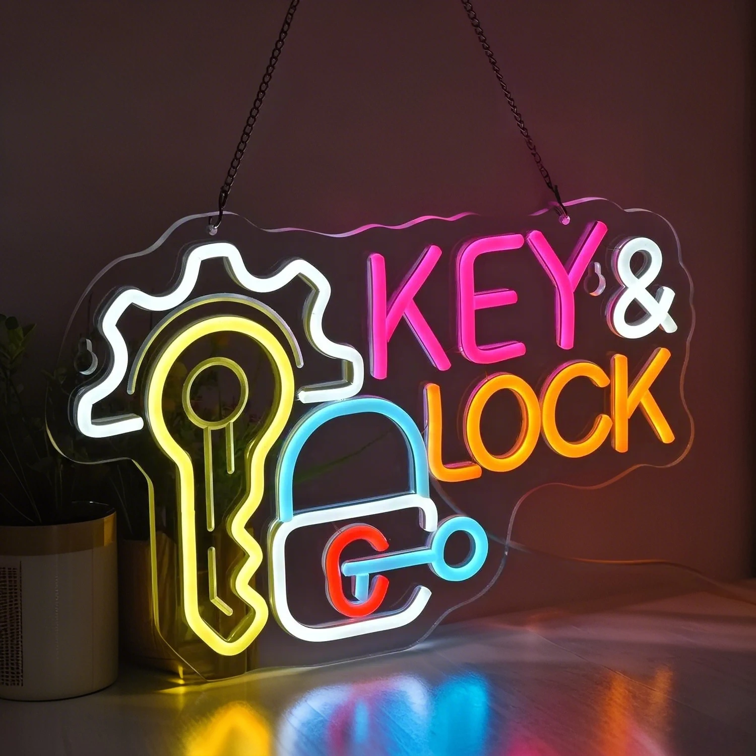 Key Lock Neon Sign Light Hanging Neon Light Wall Art Decor for Business Locksmith Shop Security Store Car Dealership Rental Home