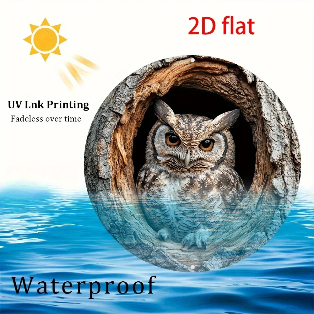 2D Flat, Vintage Owl Metal Wall Art - 20.32x20.32 cm Waterproof & Rustproof Aluminum Sign, Easy to Hang for Home, Cafe, Restaura