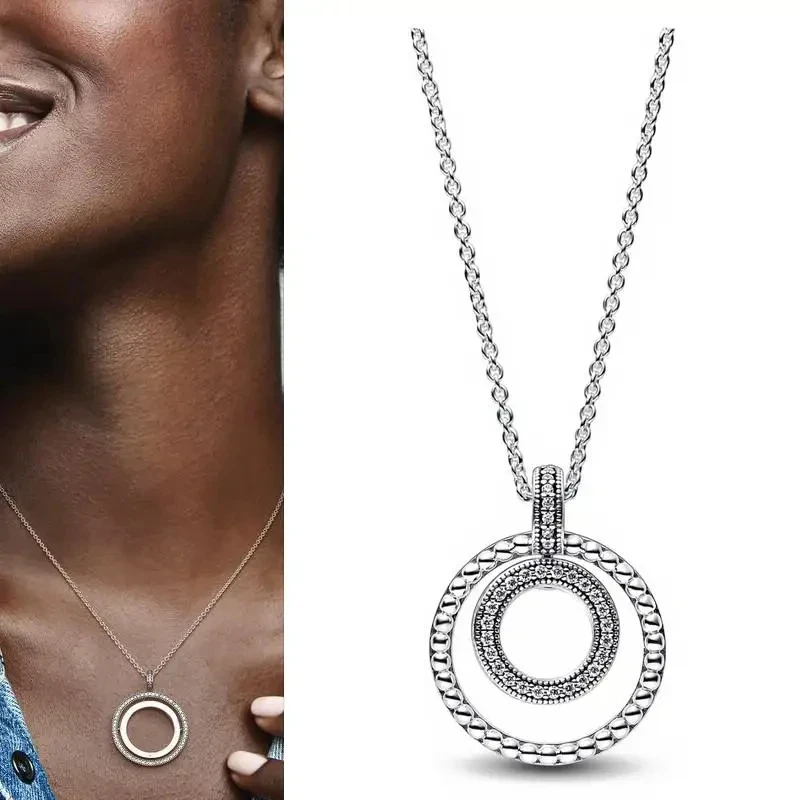 New Classic 100% 925 Silver Women's Colorful Heart Logo Ice Crystal Circle Necklace DIY Charm Jewelry Gift