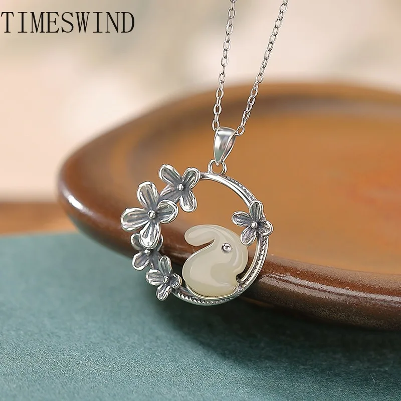 

TIMESWIND Authentic Jade White Cute Rabbit S925 Osmanthus Hollow Women Necklace Fashionable Jewelry with Certificate