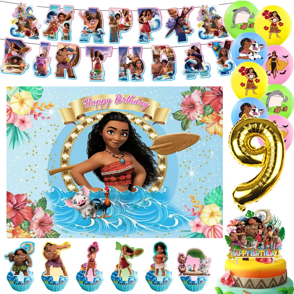 

Disney Ocean Moana Princess Girls Birthday Party Decoration Number Balloon Cake Topper Backdrop Baby Shower Party Supplies Prop