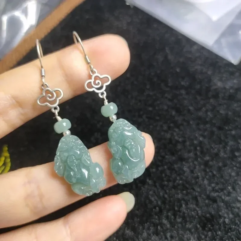 

925 Silver Inlay Burmese Emerald Jade Blue Water Pixiu Earring Ring Beads Natural Green Adjustable Women Jewelry Customized