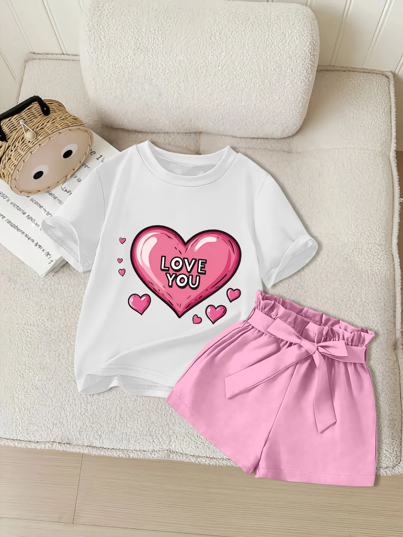 2 pieces: Valentine's Day Summer Girls' Cute & Casual Round-Neck Short-Sleeve Bow Shorts Set with Cartoon Heart Prints