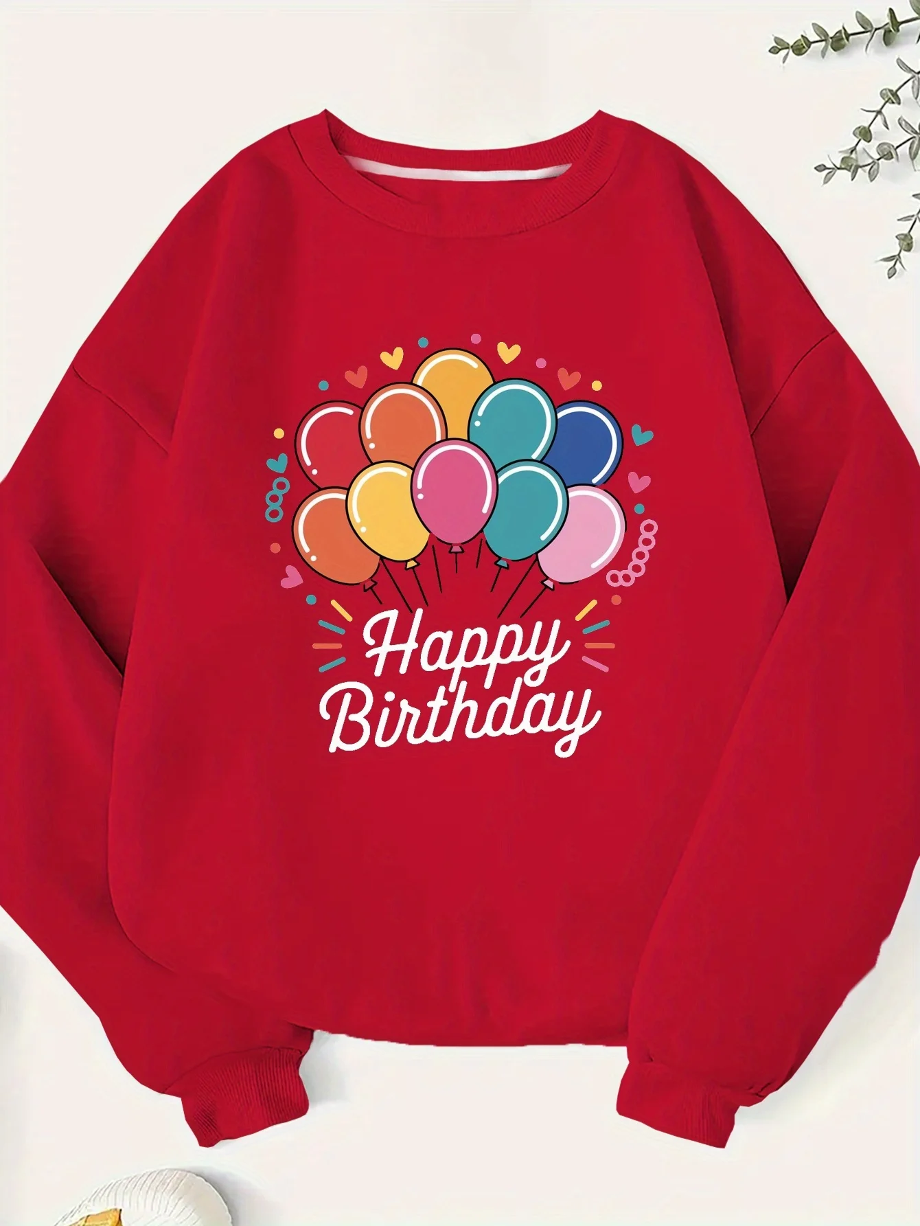 

Women's Plus Size Casual Sweatshirt - "happy Birthday" with Colorful Balloons & Hearts Design, Gray Crew Neck, Long Sleeve