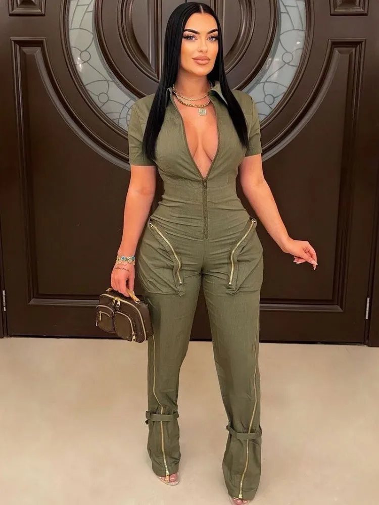 2024 New Style Brand Fashion Hip Hop Style Women Jumpsuit Special Solid Color Turn Down Collar Short Sleeve Romper Jumpsuit