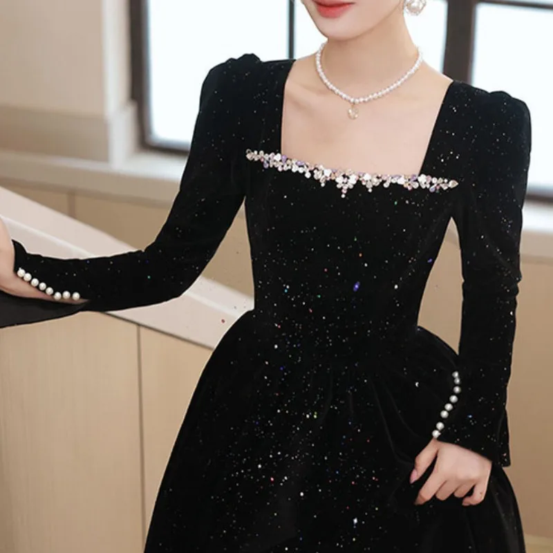 CustomizedFrench Black Long Sleeved Evening Dress Women Luxury Velvet Light Formal Gowns Sweet Square Collar Maxi Vestidos De No