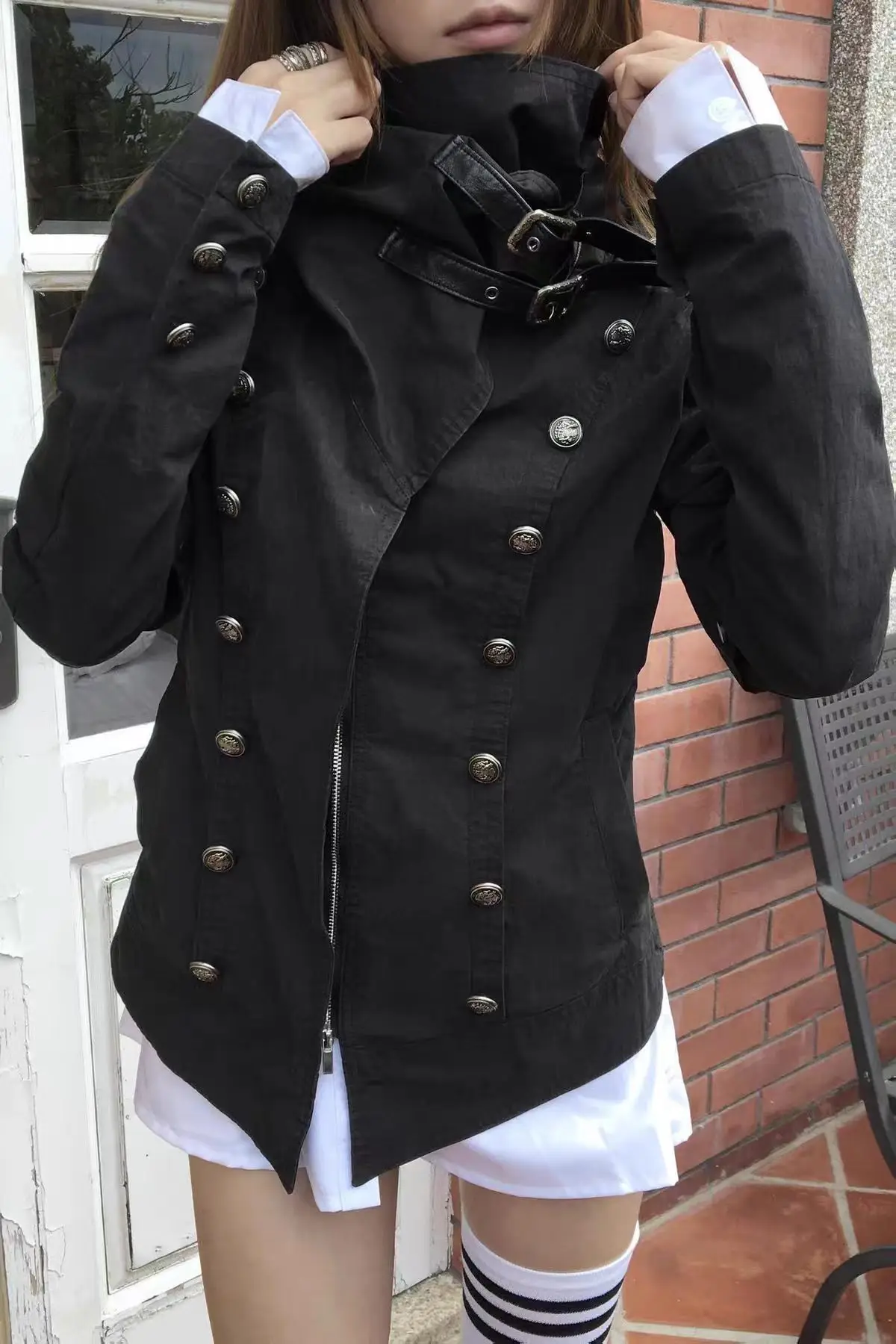 Vintage Koreanischer Harajuku Schwarzer Mantel für Damen, Gothic-Subkultur, Lose Oberbekleidung mit Kunstfellkragen, Lässige Streetwear-Jacke