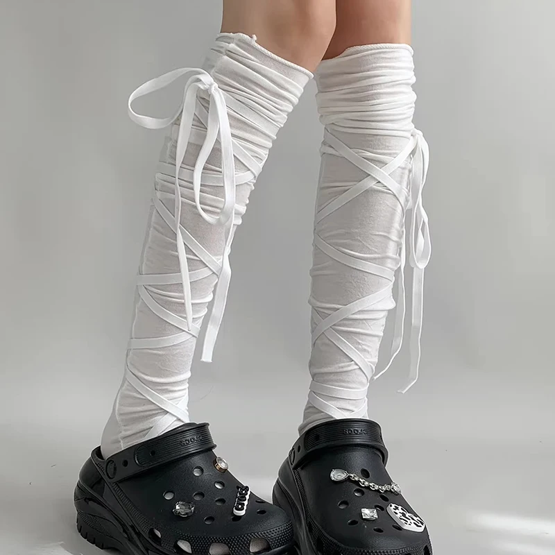 Punk Strap Lace Calf Mid Tube Socks Ballet Strappy Stacked Mesh Stocking Y2K Girl Lolita Gothic Japanese JK Leg Cover Pile Socks