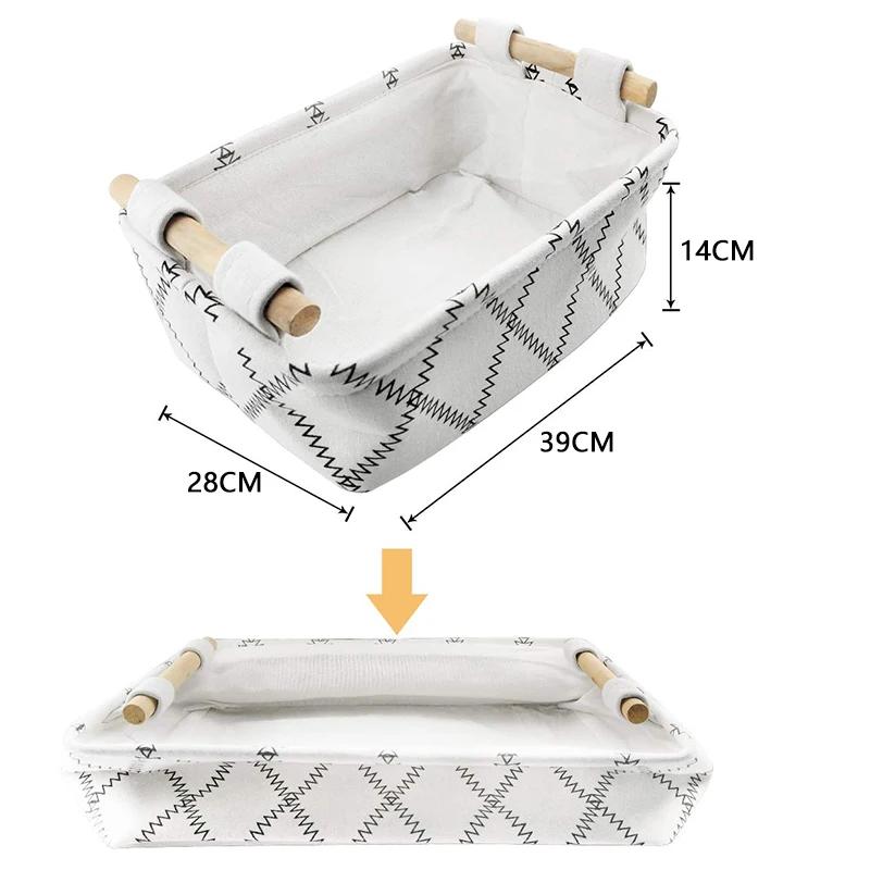 Decorative Storage Basket Bins - Foldable Fabric Gift Baskets Empty with Wooden Handles White Rectangular Collapsible M