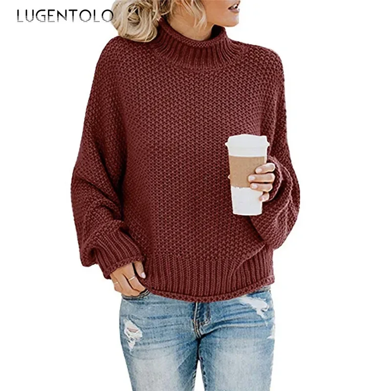 

Women Turtleneck Knit New Solid New Autumn Winter Simple Long Sleeve Lady Casual Loose Pullover Clothing Lugentolo