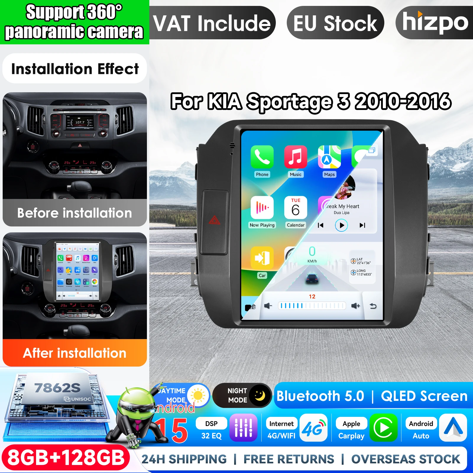 Hizpo mit Qualcomm 8-Core 360 °   Kamera optional, CarPlay, Android Auto, Autoradio für KIA Sportage 3 2010-2016, 2-DIN-System, Stereo, GPS, SWC, Bluetooth, FM, RDS, DSP, IPS-Bildschirm, intelligentes