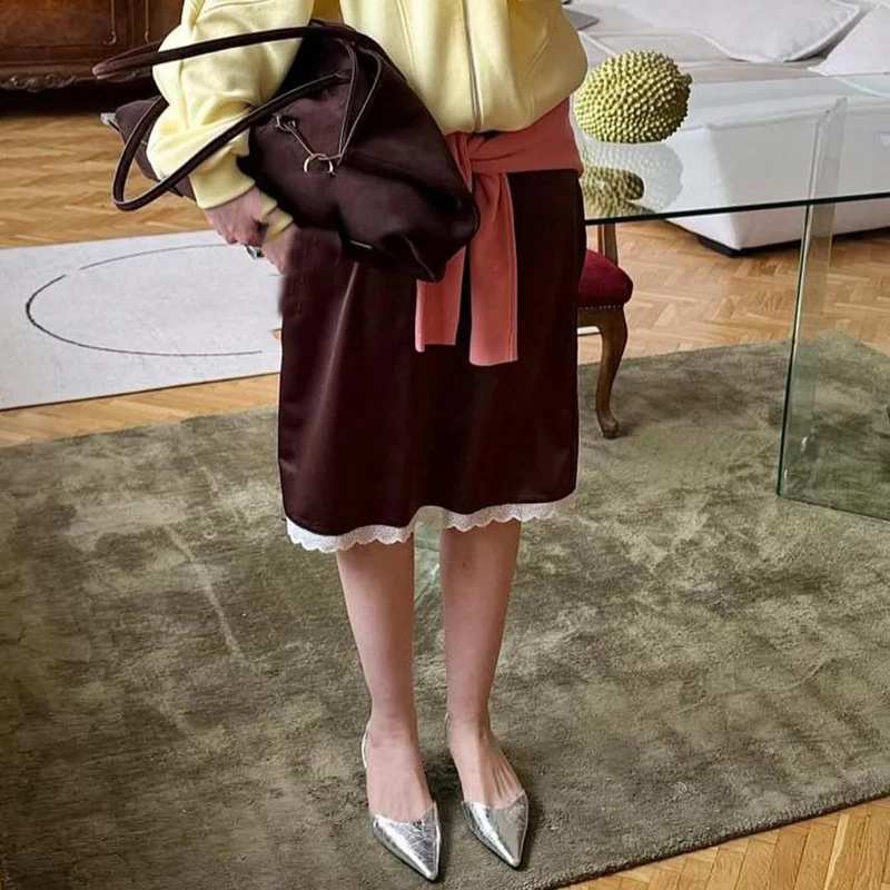 

Elegant Fashion Lady Low Rise Straight Skirt Chic Women Satin Silk Midi Skirt Vintage Lace Trim Half Slip Underskirts Streetwear