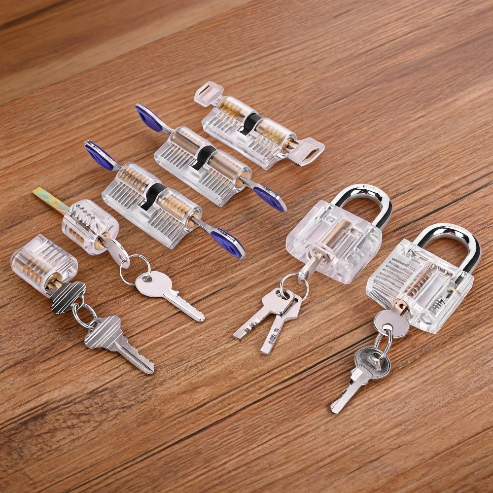 7PCS Visible Lock Pick Sets with 14 Keys Transparent Training Locks Lock Pick Practice Padlock Ideal for Locksmiths Training