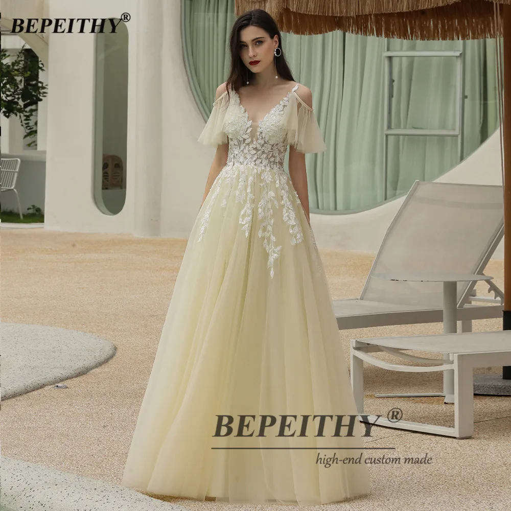 BEPEITHY Personalizzato A-Line Abito Da Sera Lungo di Lusso 2023 Pizzo Bianco Elegante Maniche Staccabili Abiti Festa di Nozze Per Le Donne