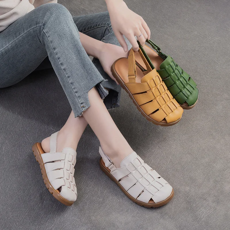 

2026 2cm Cow Weave Genuine Leather Platform Wedge Flats Summer Slip on Sandals Pumps Fashion Ethnic Slipper Women Hollow