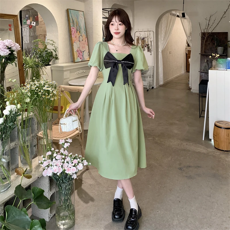 Grüne Mutterschaft Sommer Kleidung Mode Plus Größe Schwangere Frau Langes Kleid Puff Sleeve Rüschen Patchwork Bowknot Schwangerschaft Kleid