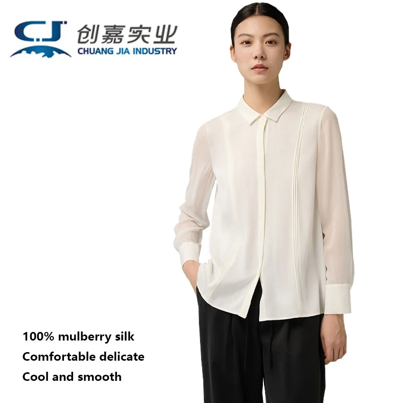 High-end Silk Women's Shirt Elegant and Graceful Long-Sleeved Casual Top Soft Fine, Lightweight Cool Spring and Summer Wear