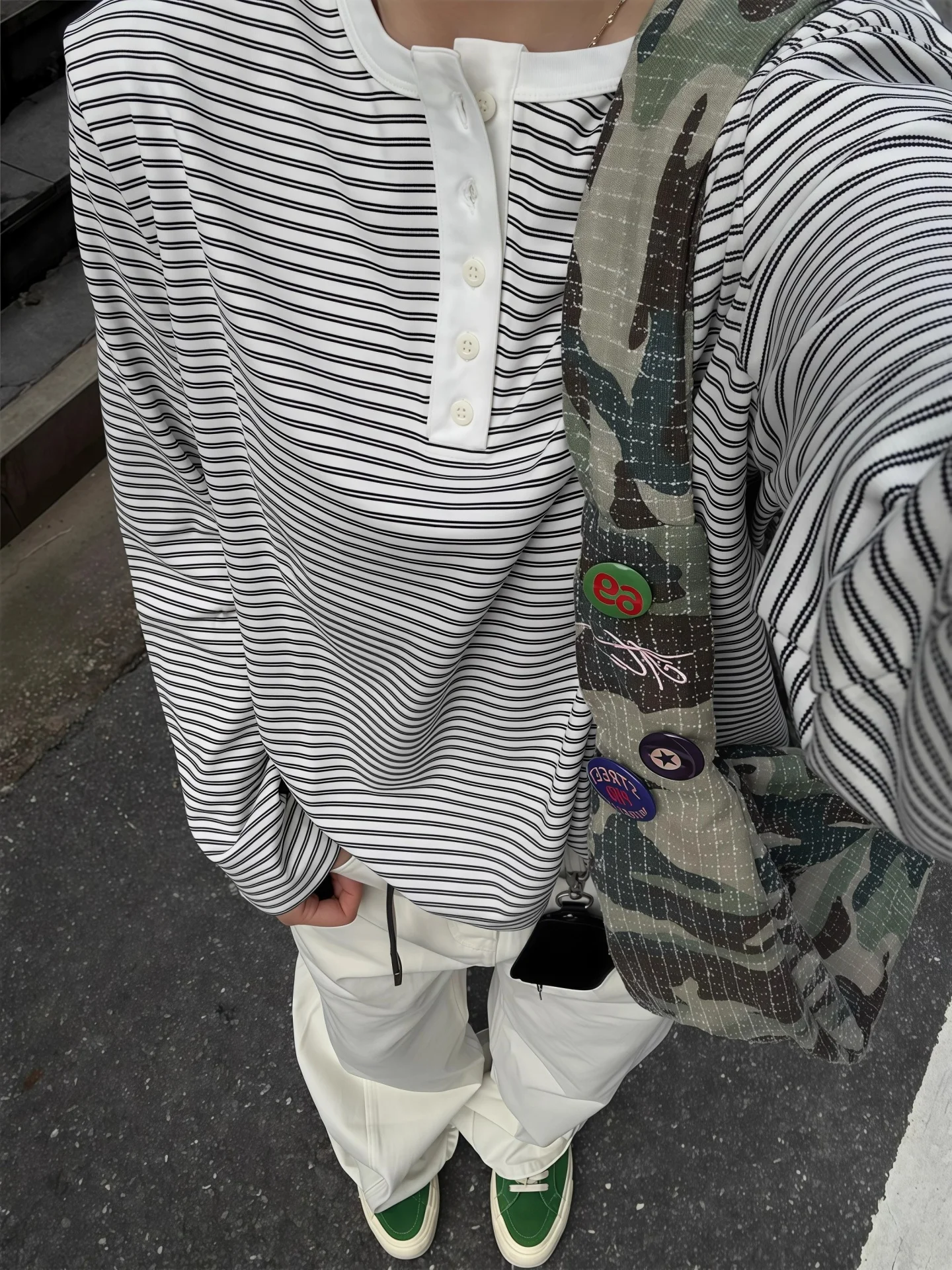 Fall New Vintage Stripes Long Sleeve Men's T-shirt American Lazy Henry Collar Loose Base Layer Sweatshirt Casual Streetwear