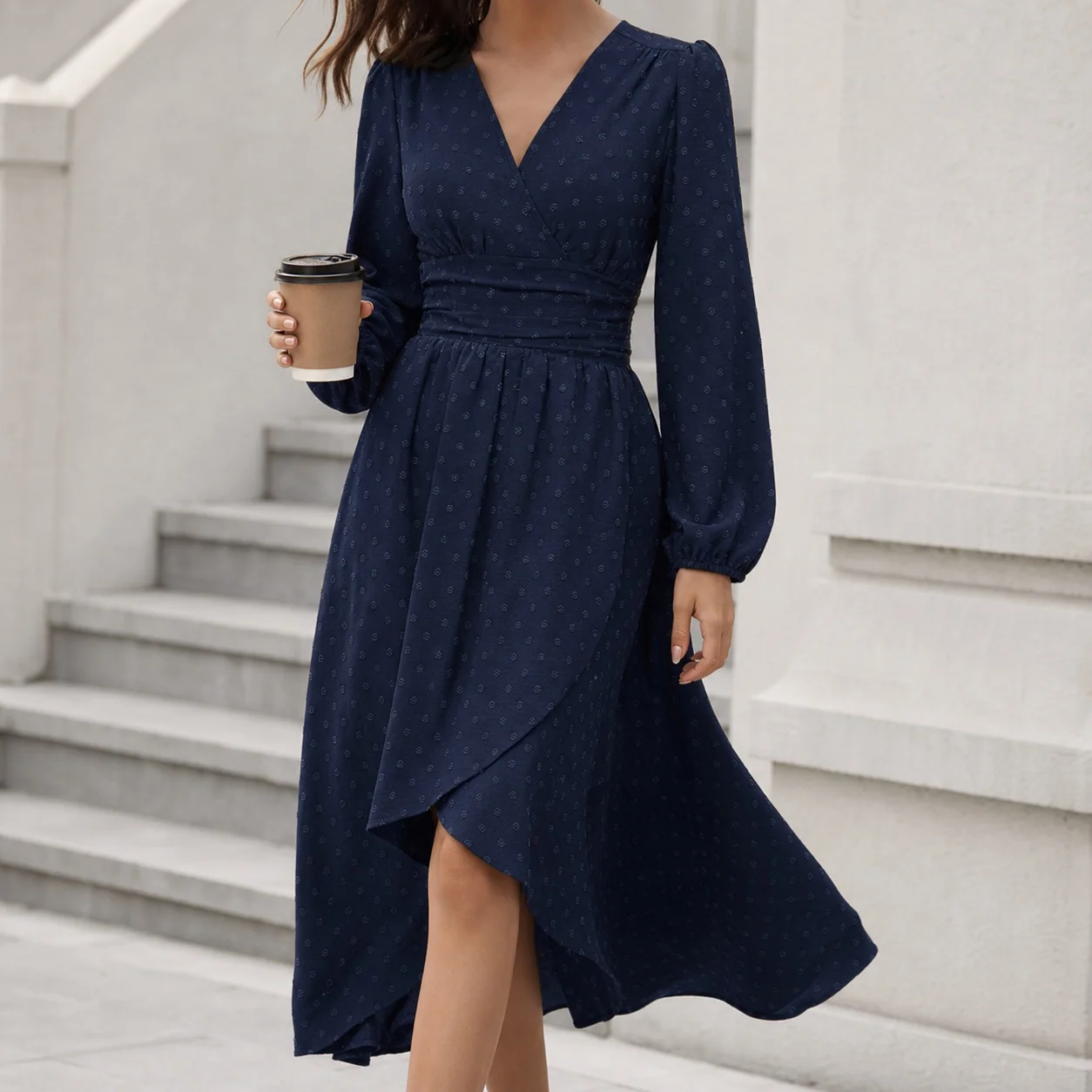 Women's Casual Elegant Long Sleeve Puff Sleeve V Neck High Waist Solid Color Ruched Crinkle Pullover Midi Dress for Women