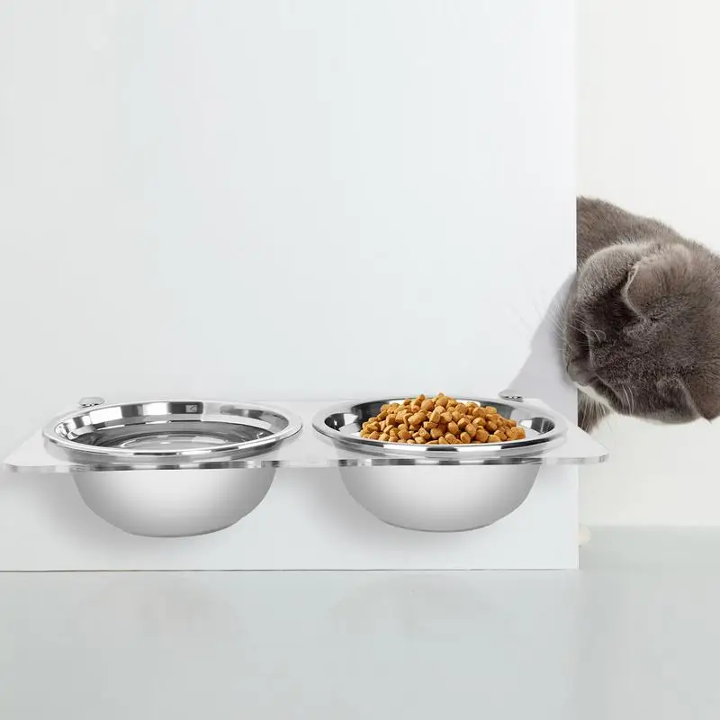 Stainless Steel Wall Mounted Cat Bowls Elevated Hang Puppy Food And Water Bowl Adjustable Height Food Basin For Pet Accessories