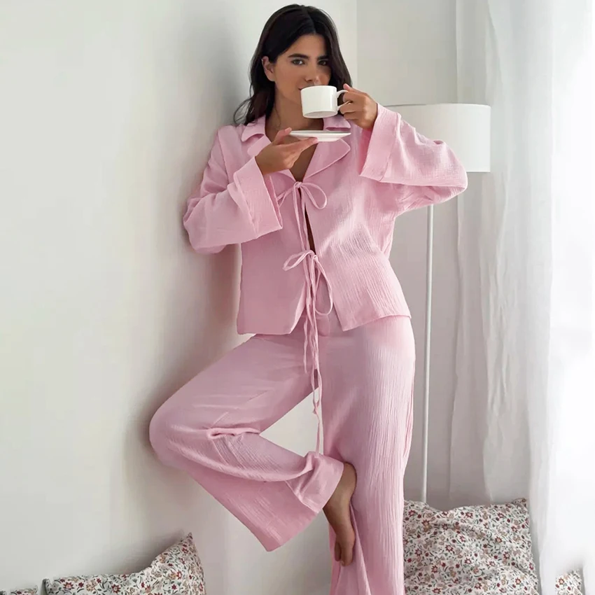 

Hiloc Casual Turn-Down Collar Women'S Pajamas 2-Piece Suit Solid Lace Up Long-Sleeve Top Cute Trousers Spring Autumn New 2025