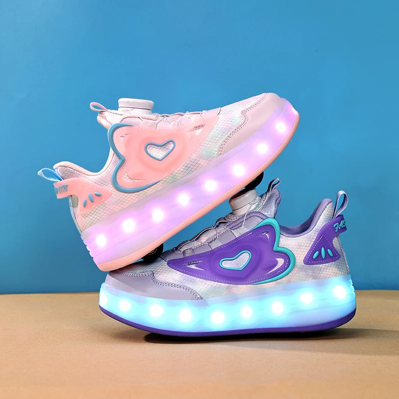 Childrens Skate Shoes USB Light Comfortable Roller-skating Sneakers Outdoor Sports Walking Girls Pink Roller Skate Shoes for Kid