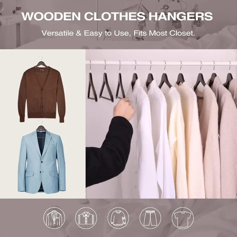 Wood Hangers 30 Pack, Smooth Finish Wooden Coat Suit Hangers with 360° Swivel Hook and Notches, Lightweight Walnut Wood Clothes