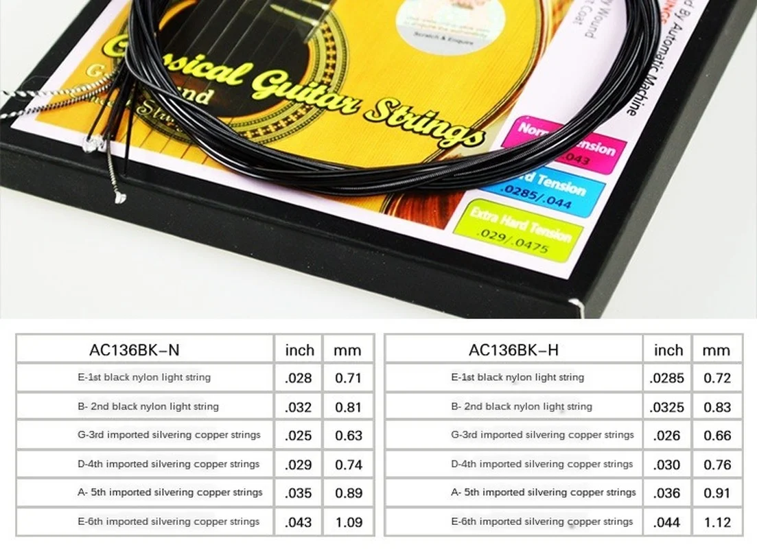 3 Sets of AC136BK-N/H Classical Guitar Strings Crystal Nylon Strings Black-Plated Copper Wound 1st-6th Strings