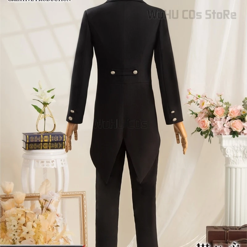 زي تنكري لخادم الخدم الأسود مع شعر مستعار ، زي Kuroshitsuji ، زي مدرسي عام ، بدلة هالوين للرجال ، سوداء بالكامل