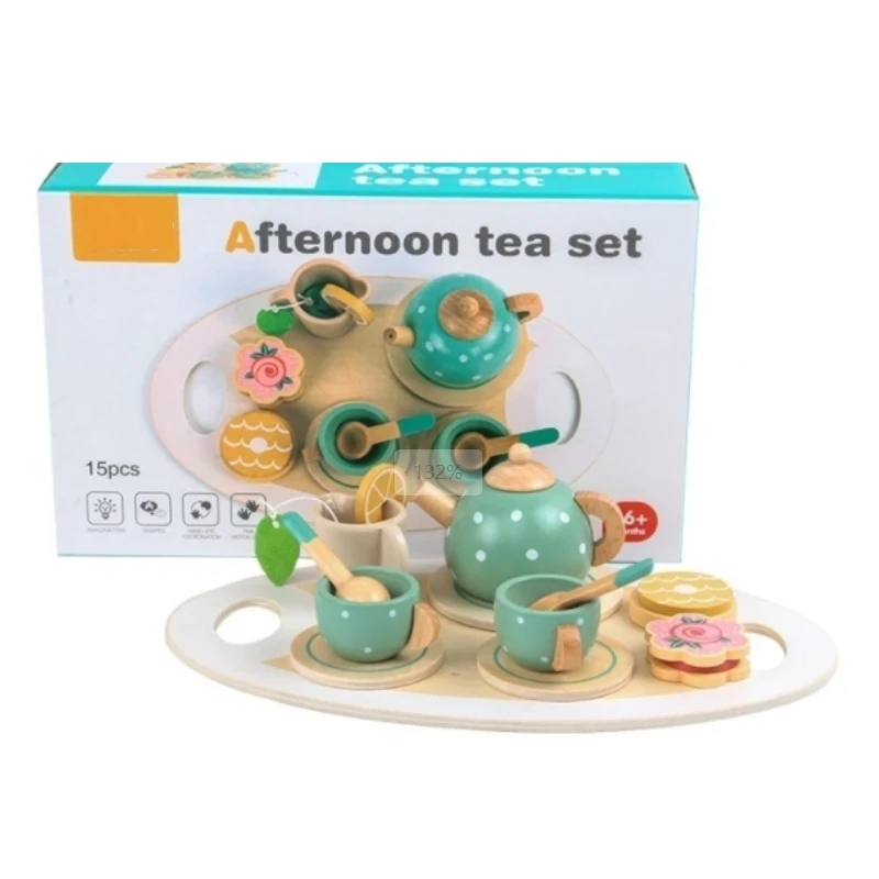 Wooden Early Education Simulation Home Play Noble Afternoon Tea Dessert Cake Sales Teapot Cup Tea Set Wooden Toys Gifts