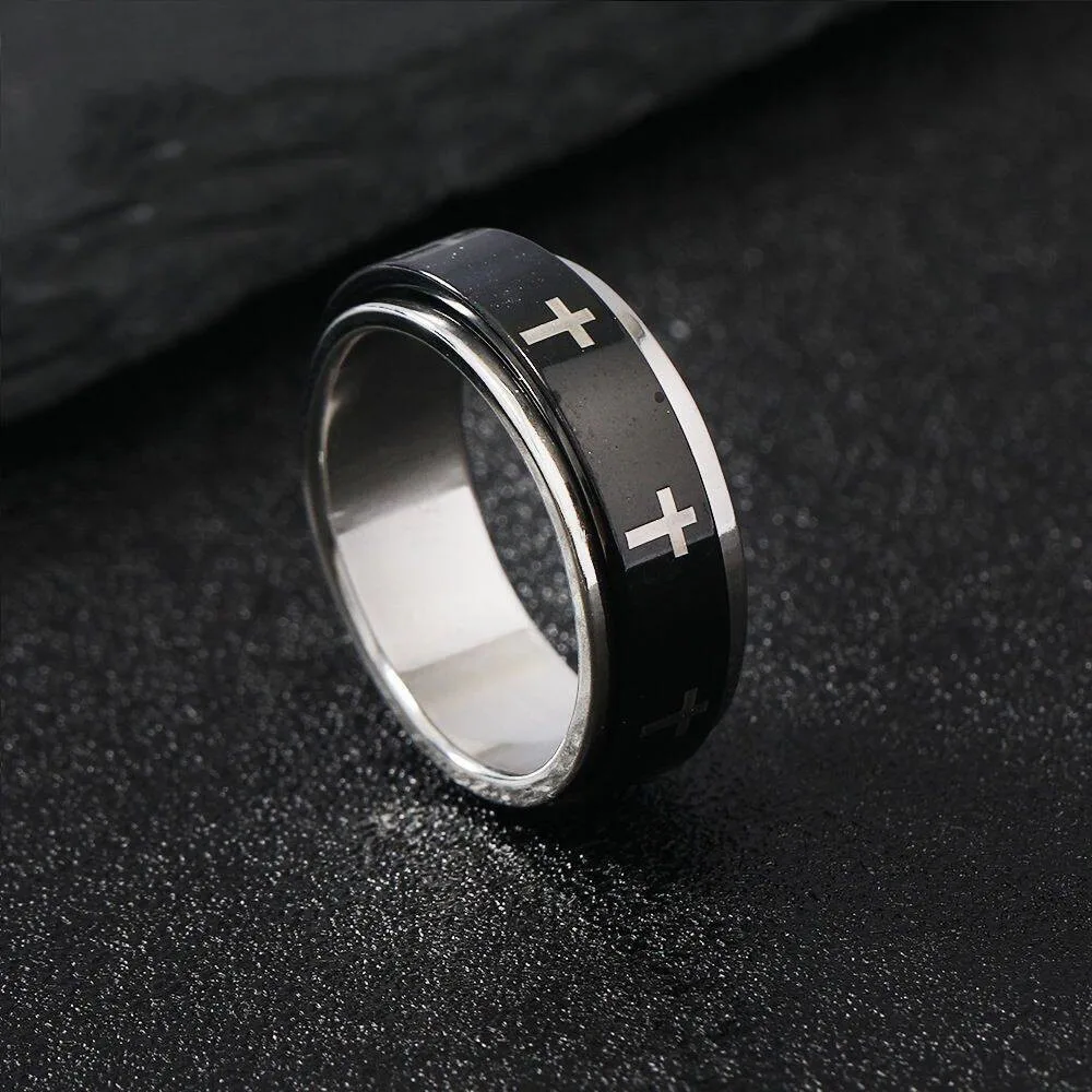 Rotatable Metal Cross Ring For Men Women White In Black Stainless Steel Ring Punk Gothic Accessories Christian Jewelry Gift