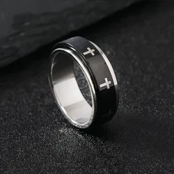 Rotatable Metal Cross Ring For Men Women White In Black Stainless Steel Ring Punk Gothic Accessories Christian Jewelry Gift