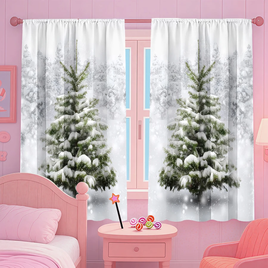 2PCS White Christmas Tree Print Curtains, Snowy Pine Tree Winter Wonderland Window Drapes for Xmas Holiday Bedroom Living Room