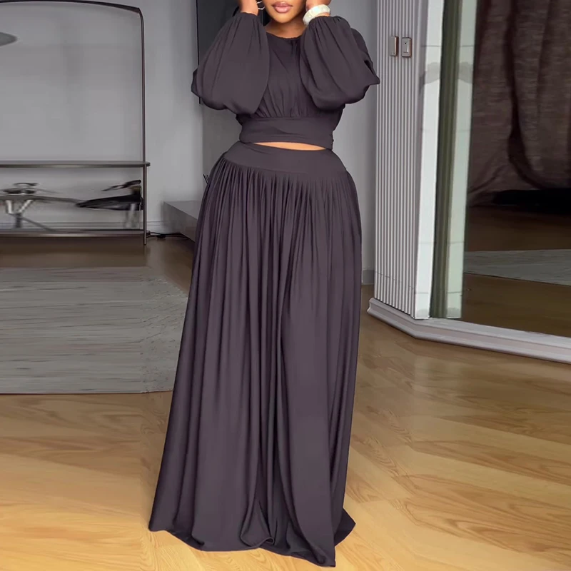 Frühling Herbst Lässige Pendler-Outfits Mode O-Ausschnitt Oberteile und Langer Rock 2-teilige Anzüge Elegante Damen-Sets mit Hoher Taille und Drapierung