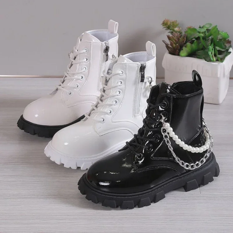 Girls Pearls Ankle Boots White High Top Fashion Shoes Kid Chain Leather Boots for Girls 10 To 12 Years Old Rubber Shoes with Zip