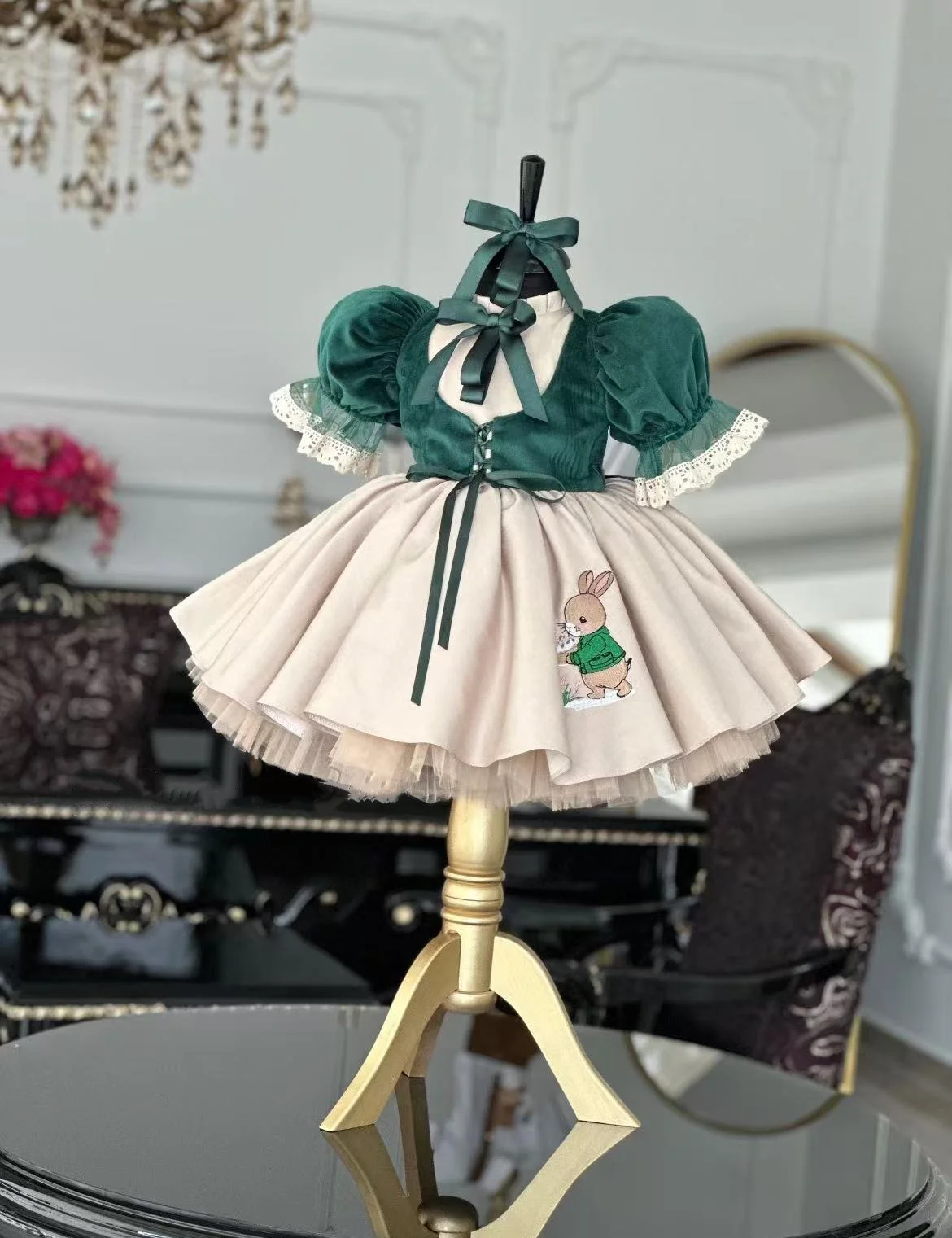 

0-12Y Baby Girl Autumn Green Rabbit Embroidery Vintage Princess Dress for Birthday Photography Holiday Eid Christmas C186
