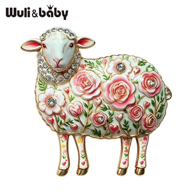 Wuli&baby Rose-flower Sheep Brooches For Women Unisex 4-color Rhinestone Year Of The Goat Animal Party Office Brooch Pin Gifts