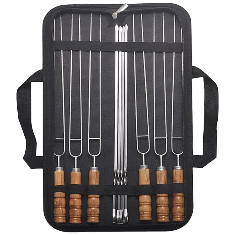 【ELEVATE LIFE】10 PCS/Set Stainless Steel Wire BBQ Skewers Wood Handle Grill Roasting Sticks Outdoor Camping BBQ Tools Storage Ba