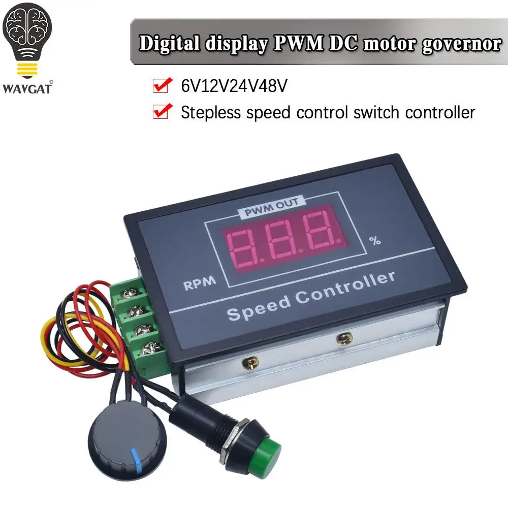 WAVGAT 30A DC6V-60V 12V 24V 48V PWM Motor Speed Controller Digital LED Display 0~100% adjustable 15KHZ With potentiometer switch