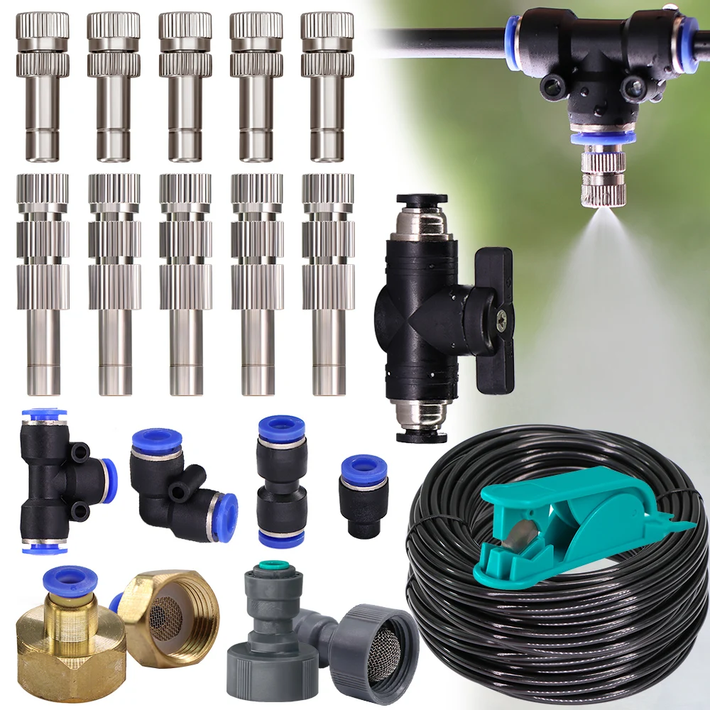 

0.4mm Low-pressure Misting Nozzles 6mm Quick Connector Fittings Water Push Filter inside 1/4" PE Hose Garden Irrigation Cooling
